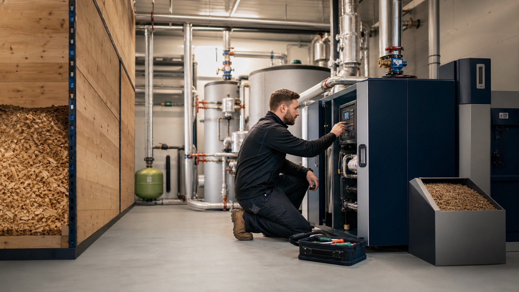 Engineer servicing a commercial biomass boiler in a clean plant room